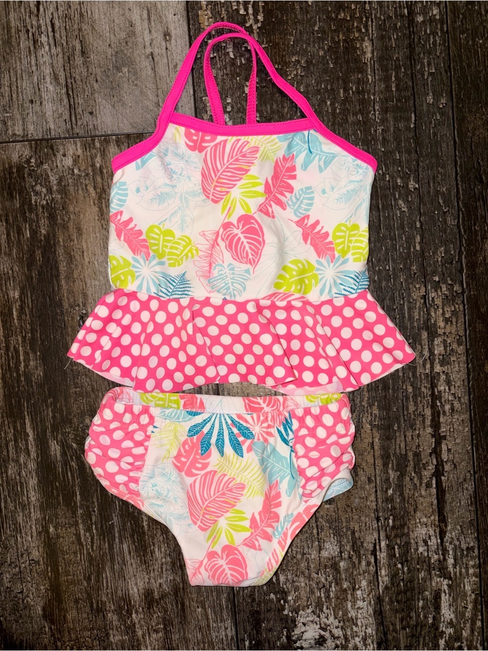 Girls Pink Tropical One-Piece Swim with Polka Dot Skirt